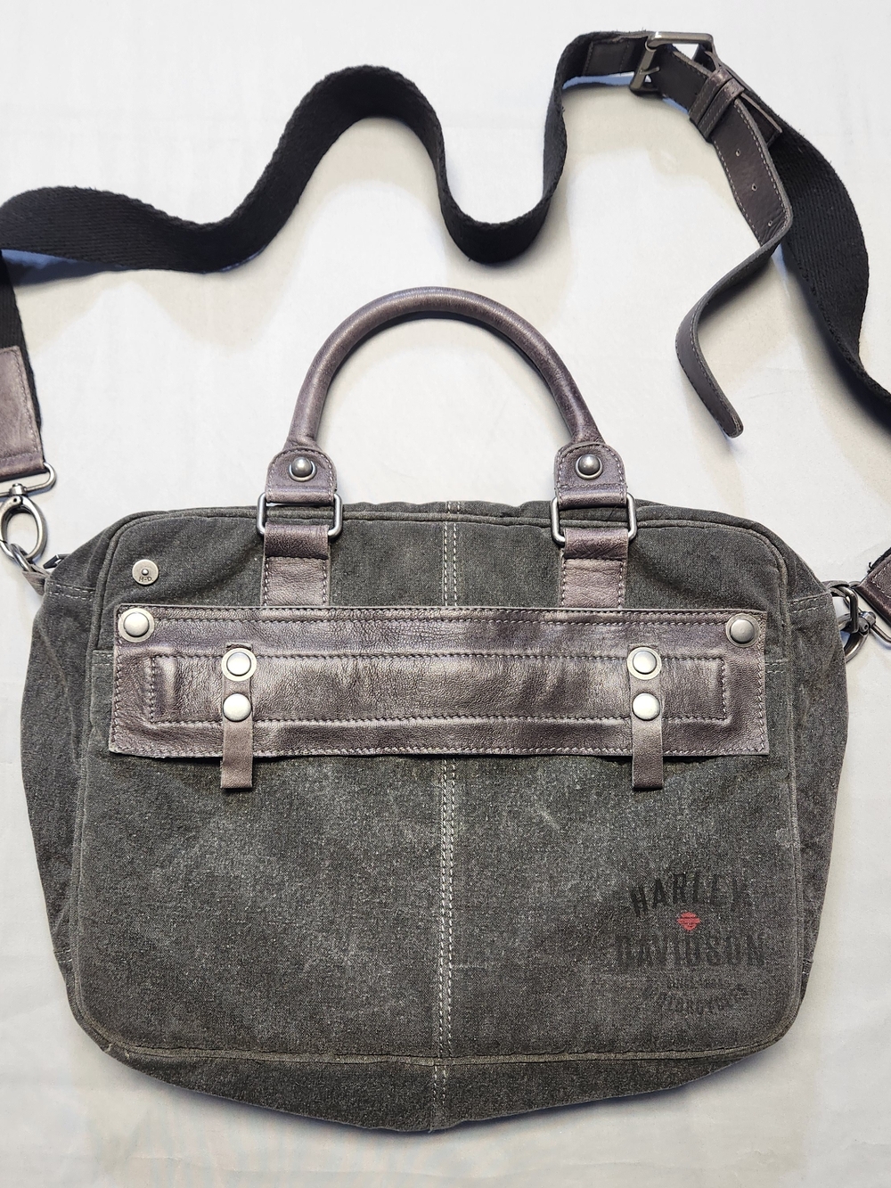Harley-Davidson Charcoal Canvas Laptop Messenger Bag Brown Leather Accents Biker
